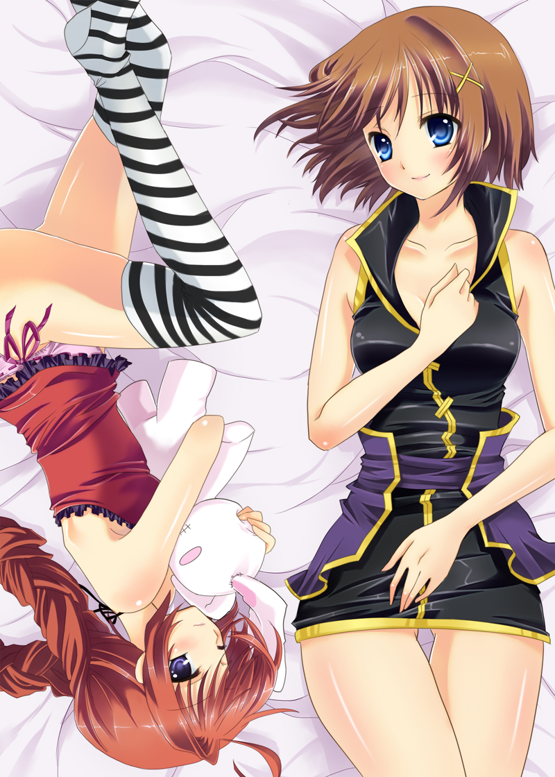 minamoto mamechichi, vita (nanoha), yagami hayate, lyrical nanoha, mahou shoujo lyrical nanoha, mahou shoujo lyrical nanoha a's, mahou shoujo lyrical nanoha strikers, striped legwear, 00s, 2girls, ahoge, bare shoulders, bed, blue eyes, braid, breasts, brown hair, cleavage, long hair, lying, medium breasts, multiple girls, panties, pink panties, red hair, short hair, side-tie panties, small breasts, striped clothes, striped thighhighs, stuffed toy, thigh gap, thighhighs, thighs, twin braids, underwear