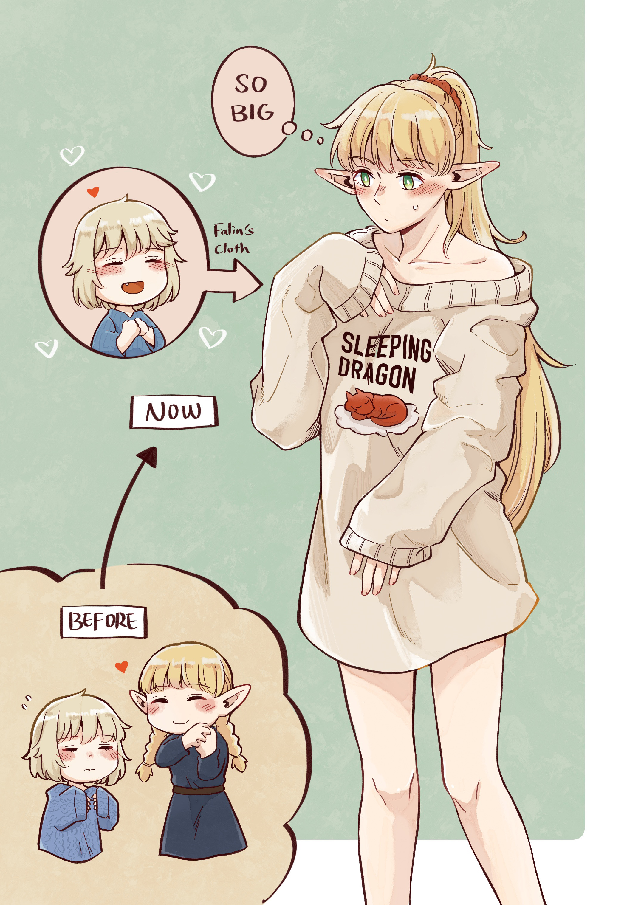 fuyuu seibutsu, falin touden, falin touden (tallman), marcille donato, dungeon meshi, absurdres, highres, 2girls, arrow (symbol), before and after, blonde hair, blunt bangs, blush, borrowed clothes, braid, chibi, closed eyes, collarbone, comparison, cropped legs, elf, english text, green eyes, hand up, hands up, heart, high ponytail, messy hair, multiple girls, naked shirt, oversized clothes, oversized sweater, pointy ears, ponytail, print sweater, robe, shirt, sleeves past wrists, speech bubble, sweater, thought bubble, twin braids, white sweater, yuri