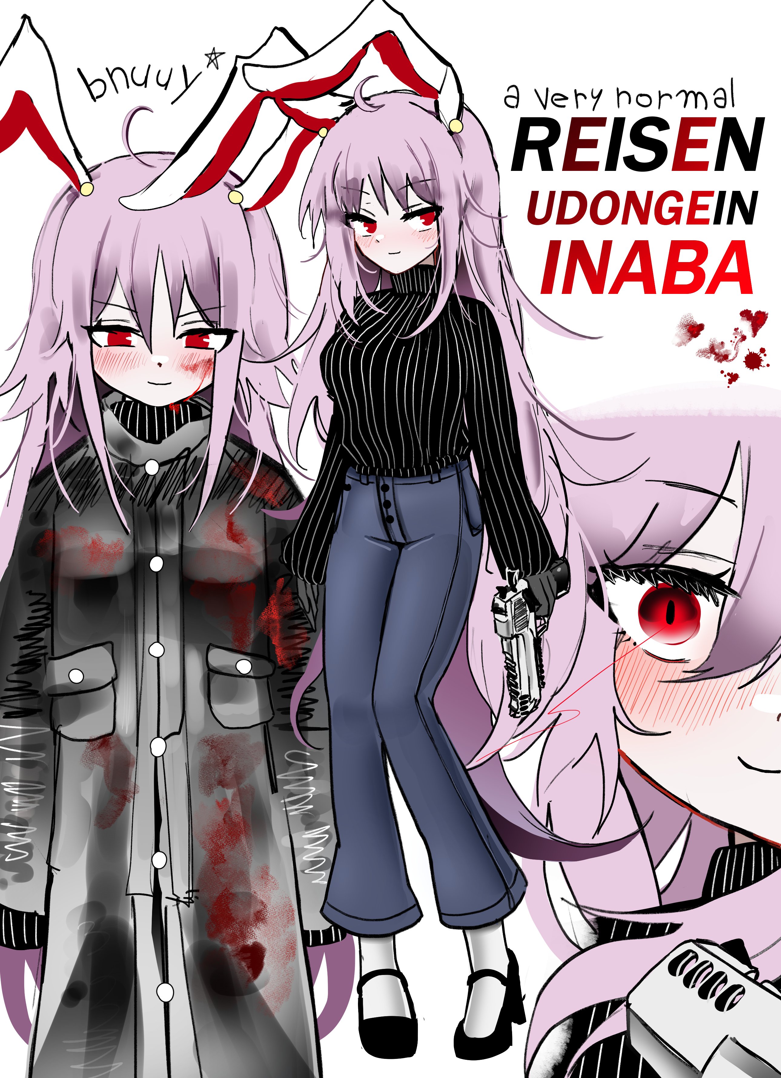 ougiikun, reisen udongein inaba, touhou, absurdres, highres, alternate costume, animal ears, black coat, black shoes, black sweater, blood, blood on clothes, blood stain, blue pants, coat, gun, handgun, high heels, holding, holding gun, holding weapon, long hair, looking at viewer, looking to the side, pants, purple hair, rabbit ears, rabbit girl, red eyes, shoes, sideways glance, smile, socks, sweater, trench coat, turtleneck, turtleneck sweater, very long hair, weapon, white socks