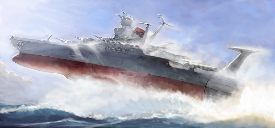 fmu, yamato (uchuu senkan yamato), uchuu senkan yamato, bad id, bad pixiv id, 1970s (style), battleship, cloud, day, epic, flying, military, military vehicle, no humans, ocean, oldschool, realistic, retro artstyle, ship, sky, solo, spacecraft, warship, watercraft