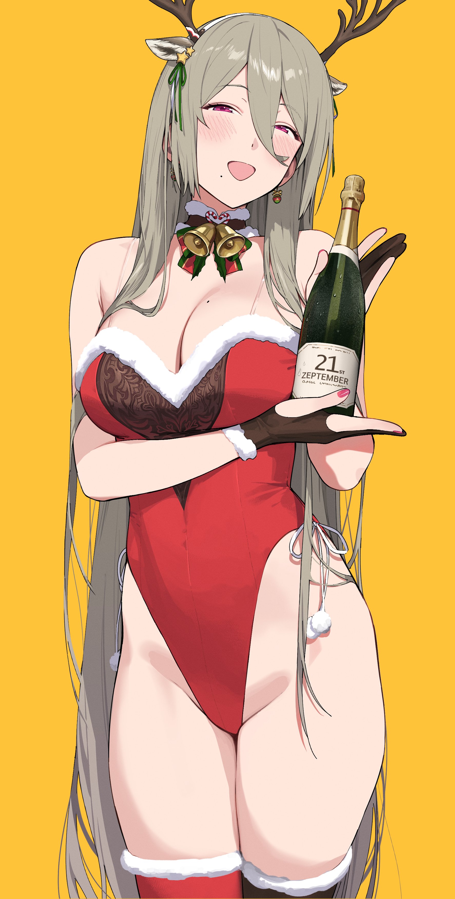 yakimi 27, original, absurdres, highres, 1girl, alcohol, antlers, bare shoulders, bell, black gloves, bottle, bow, breasts, brown hair, choker, christmas, christmas ornaments, cleavage, earrings, fur-trimmed gloves, fur trim, gloves, hair between eyes, hair ornament, horns, jewelry, large breasts, leotard, long hair, looking at viewer, mole, mole on breast, mole under mouth, multiple moles, nail polish, neck bell, neck ribbon, open mouth, pink eyes, pink nails, red leotard, reindeer antlers, ribbon, santa costume, simple background, smile, solo, star (symbol), thick thighs, thighs, very long hair, wine, wine bottle