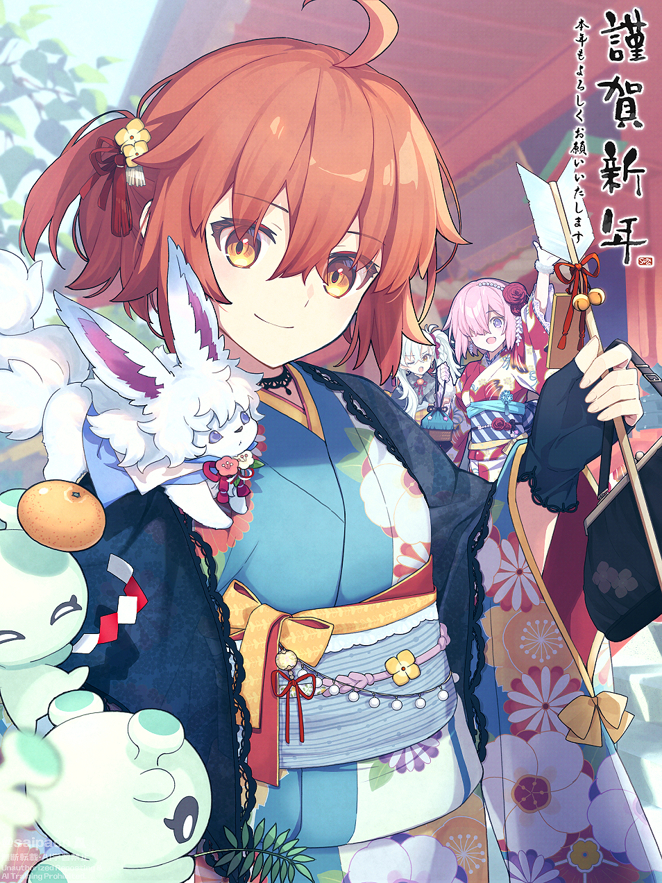 saipaco, con (fate), fou (fate), fujimaru ritsuka (female), mash kyrielight, olga marie animusphere, fate/grand order, fate (series), commentary request, highres, translation request, 3girls, ahoge, blue kimono, blush, breasts, closed mouth, food, fruit, grey kimono, hair between eyes, hair ornament, hair over one eye, japanese clothes, kimono, long sleeves, looking at viewer, mandarin orange, medium breasts, multiple girls, obi, one side up, open mouth, orange eyes, orange hair, pink hair, purple eyes, red kimono, sash, short hair, smile, white hair, wide sleeves, yellow eyes