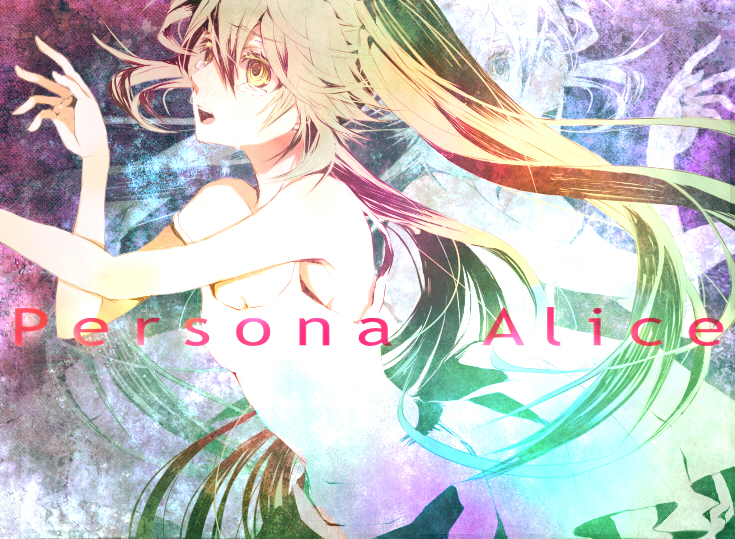 macco, hatsune miku, vocaloid, bad id, bad pixiv id, 1girl, bare shoulders, brown hair, female focus, long hair, multicolored hair, shirt, sleeveless, solo, t-shirt, tears, twintails, yellow eyes