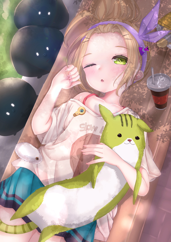 ooshima yotsuha, heaven burns red, 1girl, ;o, bench, blonde hair, blue skirt, blush, clothes writing, collarbone, cup, drink, drinking straw, green eyes, hair bun, hair ornament, hairband, hairclip, hibica ekaki, holding, looking at viewer, lying, miniskirt, narby (heaven burns red), off shoulder, on back, on bench, one eye closed, parted lips, pink hairband, pleated skirt, purple hairband, shirt, single hair bun, skirt, solo, stuffed animal, stuffed toy, t-shirt, white shirt, xiang hua hibica