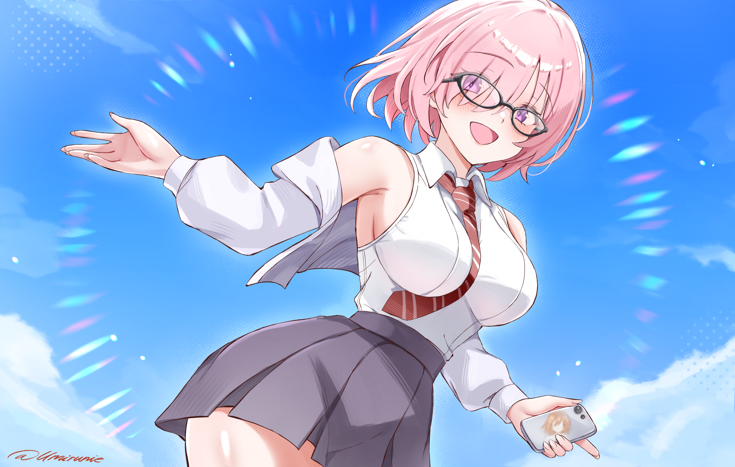 umirunie, mash kyrielight, fate/grand order, fate (series), highres, 1girl, bare shoulders, blue sky, blush, breasts, collared shirt, cropped jacket, glasses, grey jacket, grey skirt, hair over one eye, jacket, large breasts, long sleeves, looking at viewer, necktie, off shoulder, open mouth, pink hair, purple eyes, shirt, short hair, skirt, sky, sleeveless, sleeveless shirt, smile, solo, white shirt