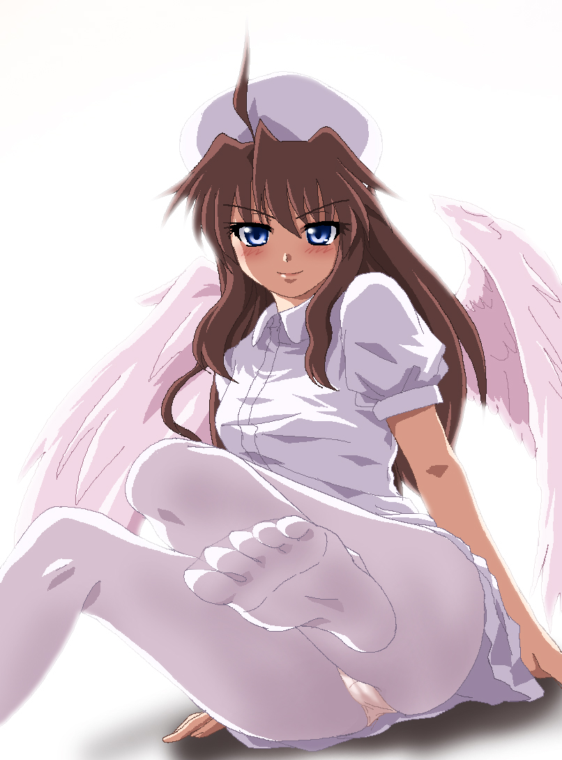 hayashiya zankurou, derivative work, 1girl, ahoge, angel wings, blue eyes, blush, brown hair, cameltoe, feet, female focus, foot focus, hat, legs, long hair, nurse, nurse cap, oekaki, panties, panties over pantyhose, pantyhose, sitting, smile, solo, toes, underwear, white pantyhose, wings