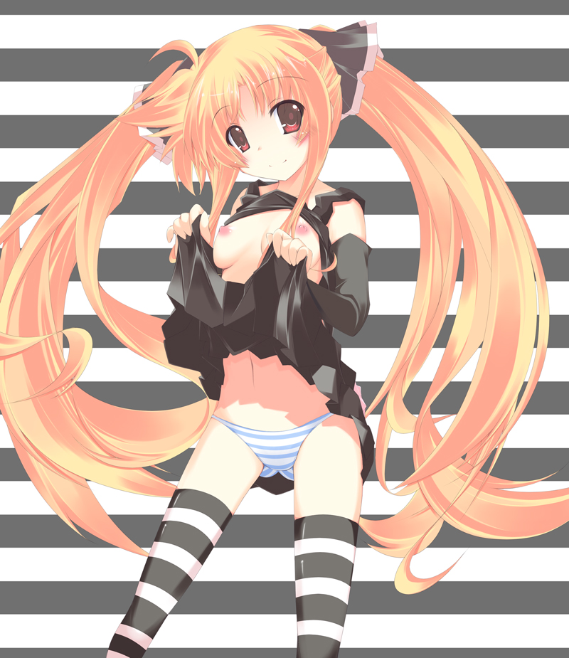 plus9, fate testarossa, lyrical nanoha, mahou shoujo lyrical nanoha, bad id, bad pixiv id, 00s, 1girl, breasts, clothes lift, female focus, long hair, medium breasts, nipples, orange hair, panties, skirt, skirt lift, solo, striped clothes, striped panties, thighhighs, twintails, underwear, very long hair
