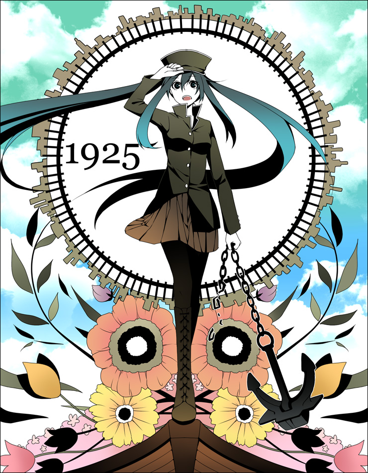 kudou (90n), hatsune miku, 1925 (vocaloid), vocaloid, lossy-lossless, 1girl, anchor, aqua eyes, aqua hair, boat, boots, chain, cloud, female focus, flower, hat, long hair, open mouth, pantyhose, skirt, solo, twintails, very long hair, watercraft
