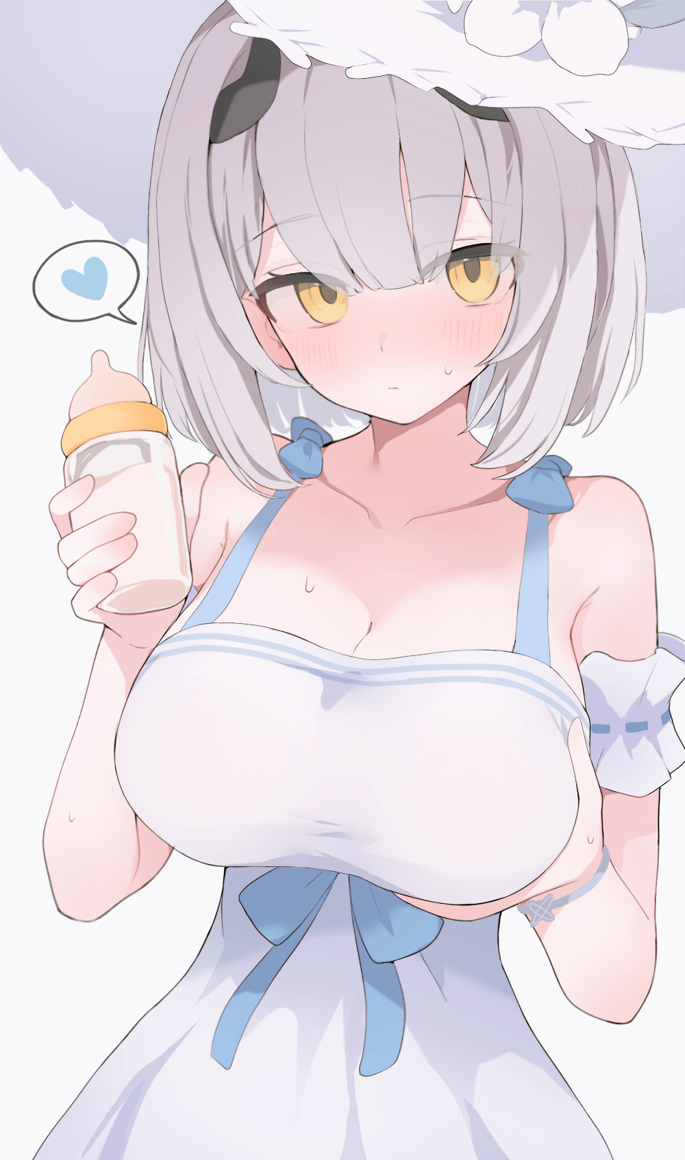 hone kawa, sena (blue archive), sena (casual) (blue archive), blue archive, commentary, highres, revision, variant set, 1girl, armband, baby bottle, bare shoulders, black horns, blue bow, blush, bottle, bow, breasts, cleavage, closed mouth, collarbone, demon girl, demon horns, dress, grabbing own breast, grey hair, hat, heart, holding, holding bottle, horns, large breasts, looking at viewer, nose blush, official alternate costume, short hair, simple background, solo, speech bubble, spoken heart, sun hat, sundress, sweat, white armband, white background, white dress, white hat, yellow eyes