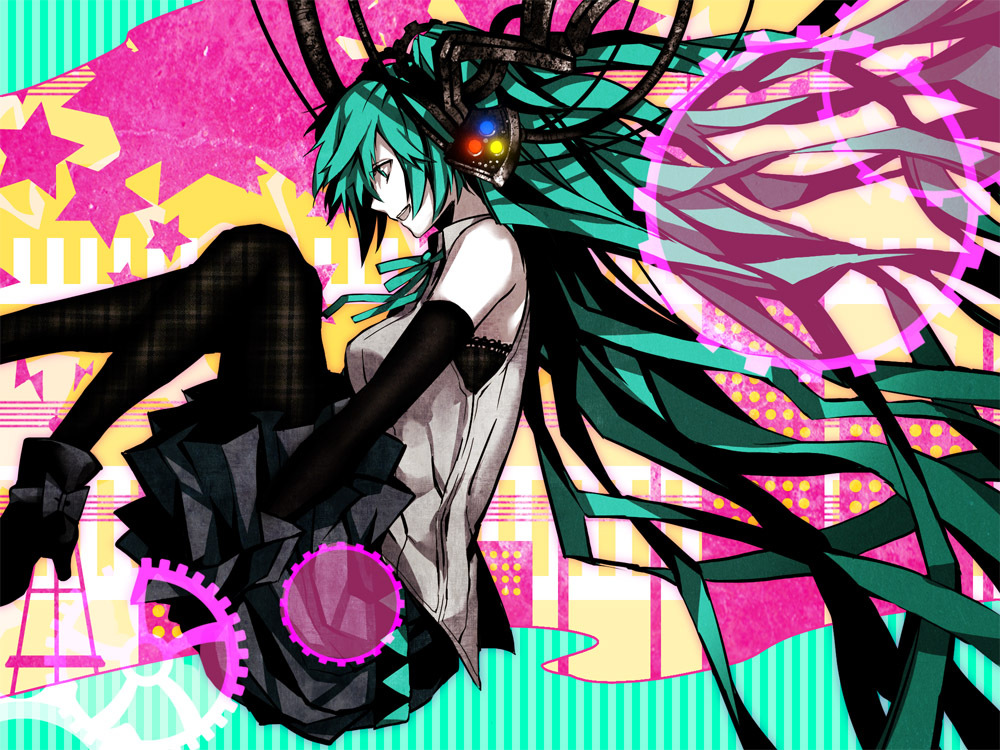 arisaka ako, hatsune miku, vocaloid, bad id, bad piapro id, 1girl, aqua eyes, aqua hair, elbow gloves, female focus, gloves, headphones, high heels, long hair, neon lights, pantyhose, shoes, solo, twintails, very long hair