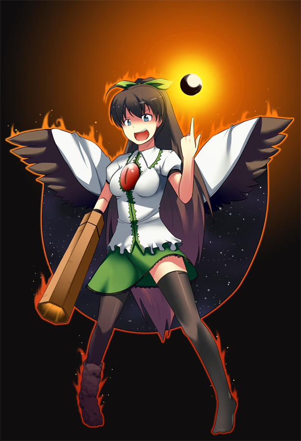 aoinu, ganaha hibiki, reiuji utsuho, idolmaster, idolmaster (classic), touhou, 1girl, blue eyes, brown hair, cosplay, female focus, long hair, look-alike, reiuji utsuho (cosplay), solo, thighhighs, wings