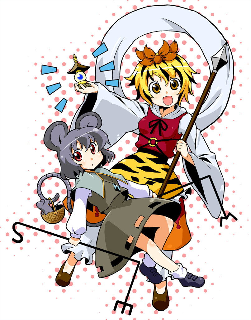 azuharu, azumi haruhito, nazrin, toramaru shou, touhou, bad id, bad pixiv id, 2girls, animal ears, basket, bishamonten's pagoda, blonde hair, female focus, grey hair, hair ornament, jewelry, mouse (animal), mouse ears, mouse tail, multiple girls, pendant, polearm, red eyes, shawl, short hair, spear, tail, weapon, yellow eyes