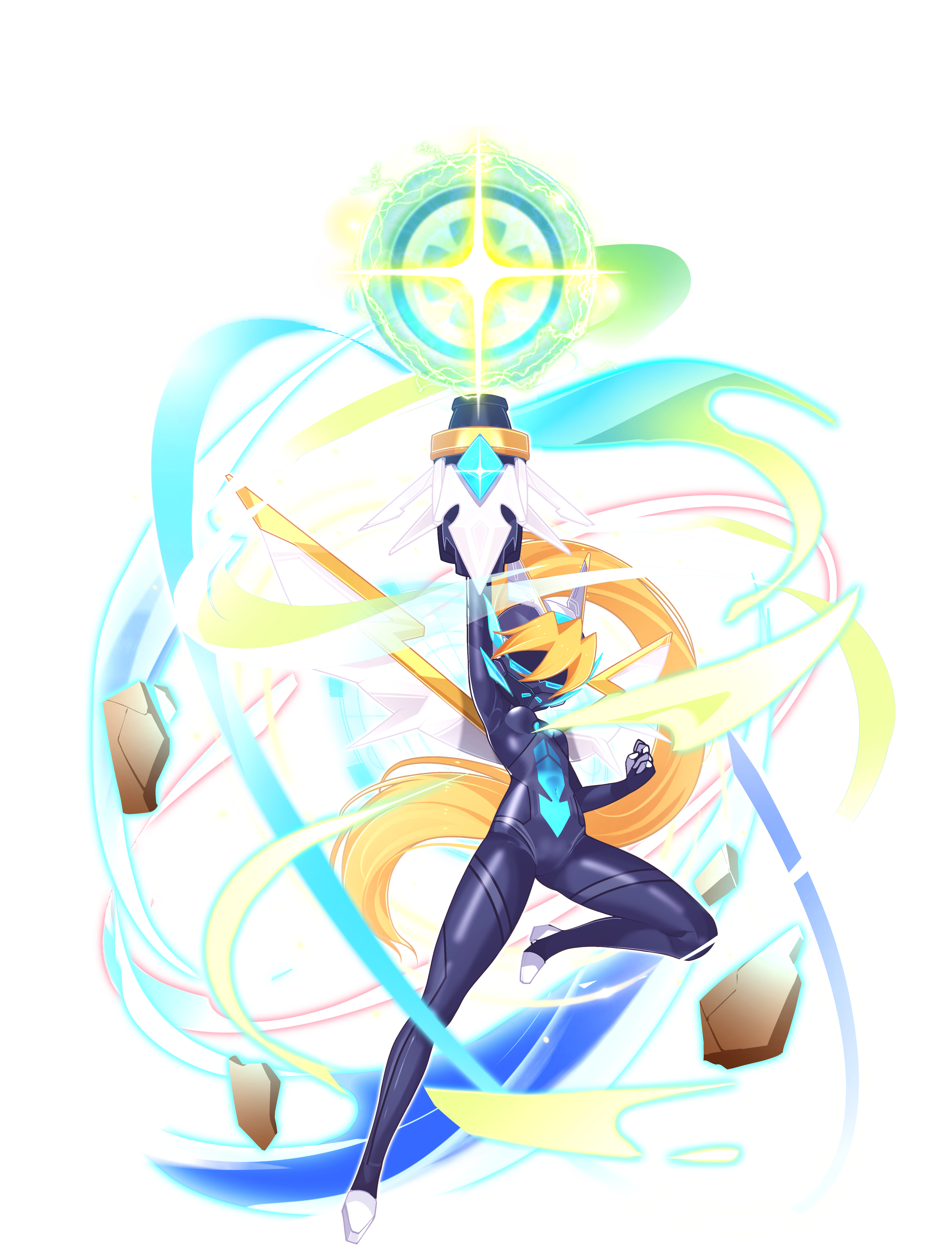 aizeis, ciel (mega man), model x (mega man), ultimate armor x (mega man), x (mega man), mega man (series), mega man zero (series), mega man zx, absurdres, highres, non-web source, 1girl, alternate costume, arm cannon, belt, blonde hair, blue eyes, bodystocking, boots, breasts, chest jewel, elbow gloves, energy, fighting stance, forehead jewel, gauntlets, gloves, glowing, glowing eyes, halo, head wings, helmet, mask, mechanical halo, mechanical wings, no armor, petite, ponytail, small breasts, solo, transparent background, weapon, wings