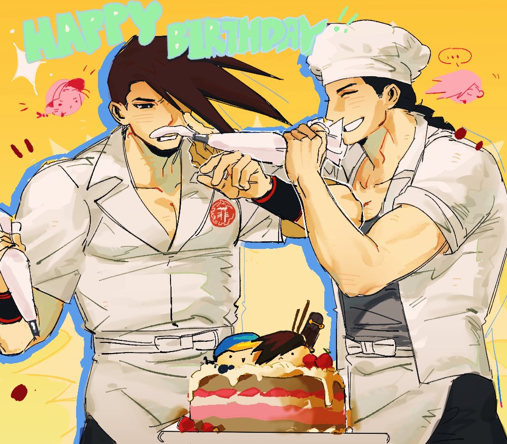 yang lee, yun lee, street fighter, 2boys, alternate costume, apron, baking, black hair, black pants, braid, brothers, brown hair, cake, chef hat, clenched teeth, closed eyes, cream, cream on face, enopth1102, fake facial hair, fake mustache, food, food on face, grey shirt, grin, hair over one eye, happy birthday, hat, holding, holding pastry bag, long hair, male focus, multiple boys, muscular, muscular male, pants, pastry bag, pectoral cleavage, pectorals, shirt, short sleeves, siblings, single braid, smile, teeth, twins, undershirt, waist apron, white apron, white hat, white shirt, wristband, yellow background
