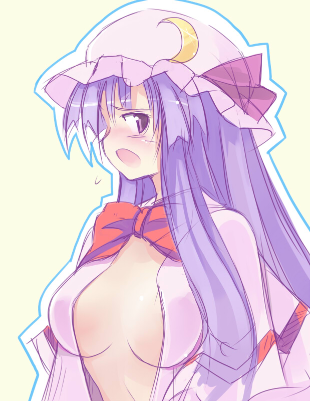 seo tatsuya, patchouli knowledge, touhou, 1girl, blush, bow, crescent, crescent moon, female focus, hat, long hair, moon, open clothes, open mouth, open shirt, purple eyes, purple hair, shirt, solo