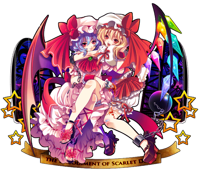 shima chiyo, flandre scarlet, remilia scarlet, touhou, brown footwear, 2girls, :d, adapted costume, ankle lace-up, ascot, bandaid, bandaid on knee, bandaid on leg, bat wings, blonde hair, bloomers, brooch, chain, cuffs, cup, fangs, female focus, hat, hat ribbon, holding, holding cup, hug, jewelry, looking at viewer, midriff, miniskirt, mob cap, multiple girls, nail polish, navel, no socks, open mouth, puffy short sleeves, puffy sleeves, red eyes, red nails, red ribbon, ribbon, ribbon-trimmed clothes, ribbon trim, sandals, shoes, short sleeves, siblings, sisters, skirt, skirt set, smile, spill, star (symbol), teacup, toenail polish, toenails, transparent background, underwear, window, wings, wrist cuffs