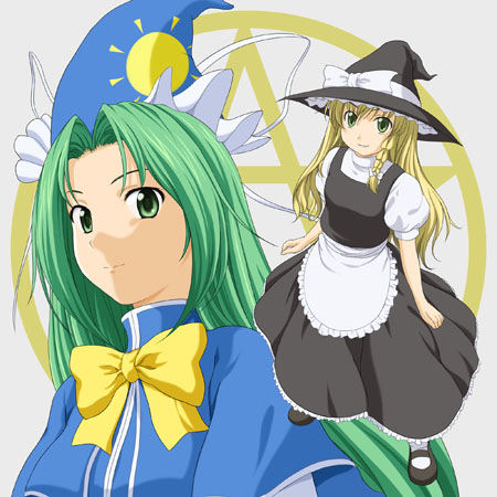 hiiro (imoimo), imo (imoyashiki), kupikykupiky, kirisame marisa, mima (touhou), touhou, touhou (pc-98), lowres, 2girls, blonde hair, braid, female focus, green eyes, green hair, hat, long hair, multiple girls, ribbon, witch, witch hat, wizard hat