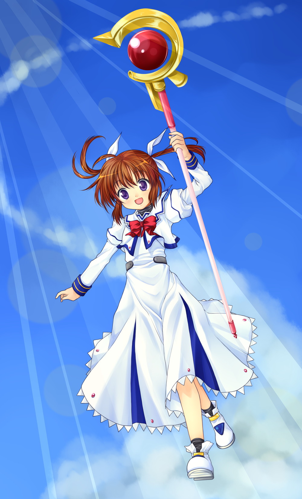 467 (artist), raising heart, raising heart (device mode), takamachi nanoha, takamachi nanoha (original mode), lyrical nanoha, mahou shoujo lyrical nanoha, bad link, highres, 00s, 1girl, brown hair, cloud, day, female focus, flying, full body, happy, left-handed, open mouth, outdoors, purple eyes, ribbon, short twintails, skirt, sky, solo, twintails