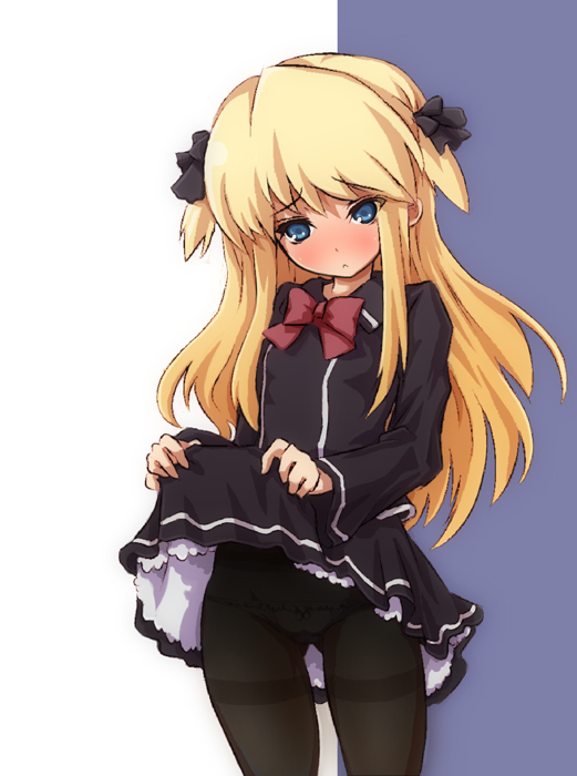 sasamashin, shalon, quiz magic academy, bad id, bad pixiv id, 1girl, :<, black pantyhose, blonde hair, blue eyes, blush, clothes lift, embarrassed, female focus, long hair, panties, panties under pantyhose, pantyhose, pantyshot, school uniform, skirt, skirt lift, solo, thighband pantyhose, underwear, upskirt