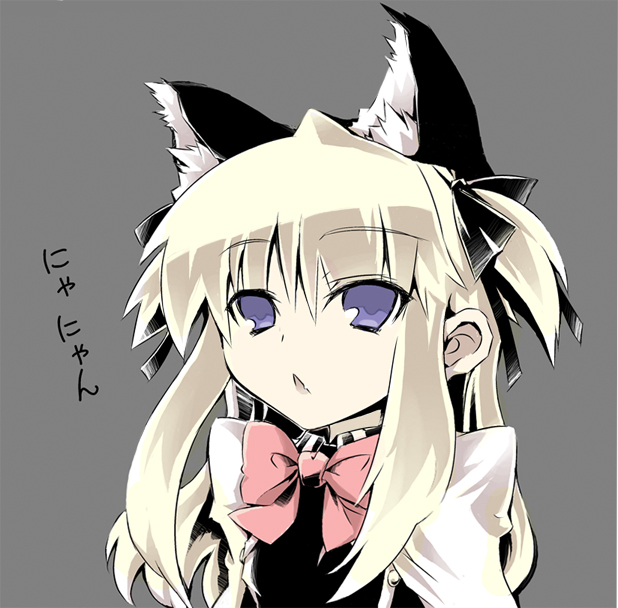 sasamashin, shalon, quiz magic academy, animal ears, blonde hair, blue eyes, fang, long hair, ribbon, solo