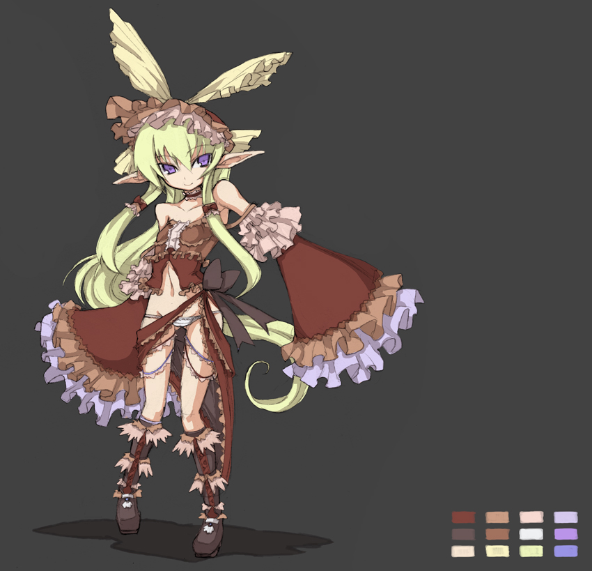 sasamashin, bare shoulders, boots, choker, detached sleeves, flat chest, frills, green hair, long hair, lowleg, lowleg panties, midriff, panties, pointy ears, purple eyes, smile, solo, underwear