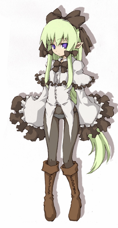 sasamashin, 1girl, boots, brown boots, female focus, green hair, hair ribbon, long hair, no pants, panties, panties under pantyhose, pantyhose, pointy ears, purple eyes, ribbon, solo, underwear