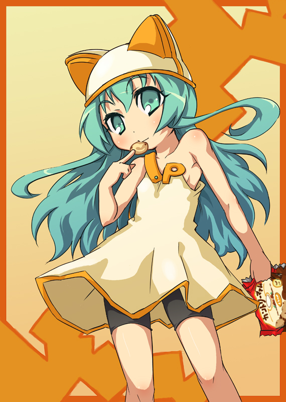 sasamashin, komin-chan, country ma'am, original, 1girl, animal ears, animal hat, aqua eyes, aqua hair, bag, bare shoulders, bike shorts, blush, border, cat hat, child, cookie, dress, eating, female focus, flat chest, floating hair, food, gradient background, hat, holding, long hair, looking at viewer, orange background, short dress, shorts, shorts under dress, shorts under skirt, solo, spandex, standing, wavy hair