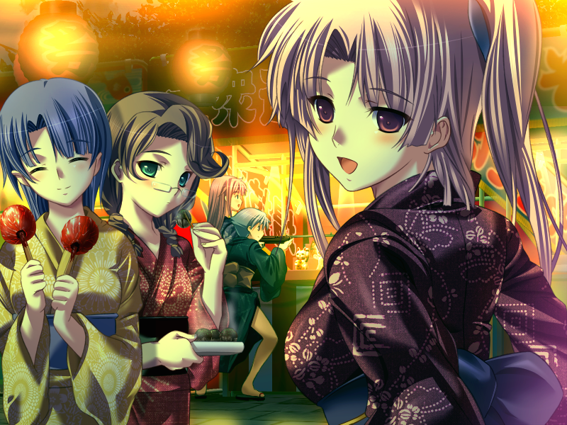 m&m (mickey and mackey), kagami touko, natsukami, game cg, 5girls, :d, blue hair, breasts, brown hair, closed eyes, glasses, green eyes, hand fan, holding, holding fan, iwatsuki kohime, japanese clothes, kimono, looking at viewer, looking back, mizutani tsugumi, multiple girls, open mouth, pink hair, purple kimono, red eyes, red kimono, smile, yellow kimono