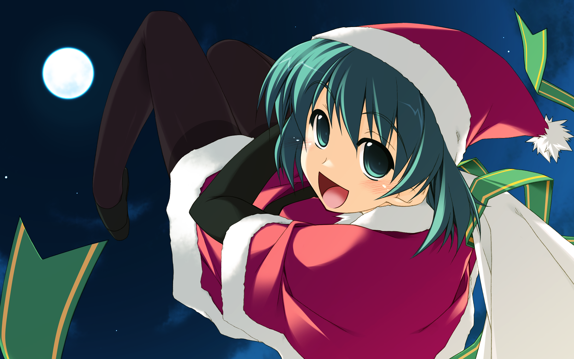 shikei, original, highres, 1girl, christmas, female focus, full moon, hat, moon, pantyhose, santa costume, santa hat, solo