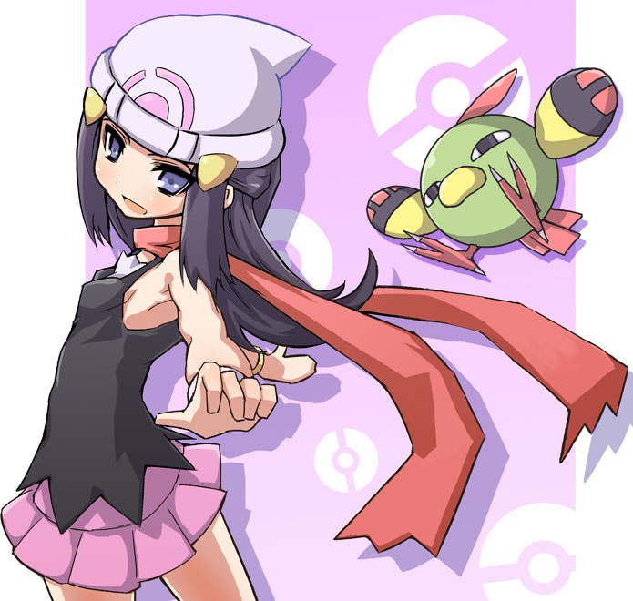 sasamashin, dawn (pokemon), natu, nintendo, pokemon, 1girl, black hair, blush, flat chest, gen 2 pokemon, hat, long hair, looking back, pointing, pokemon (creature), red scarf, scarf, skirt