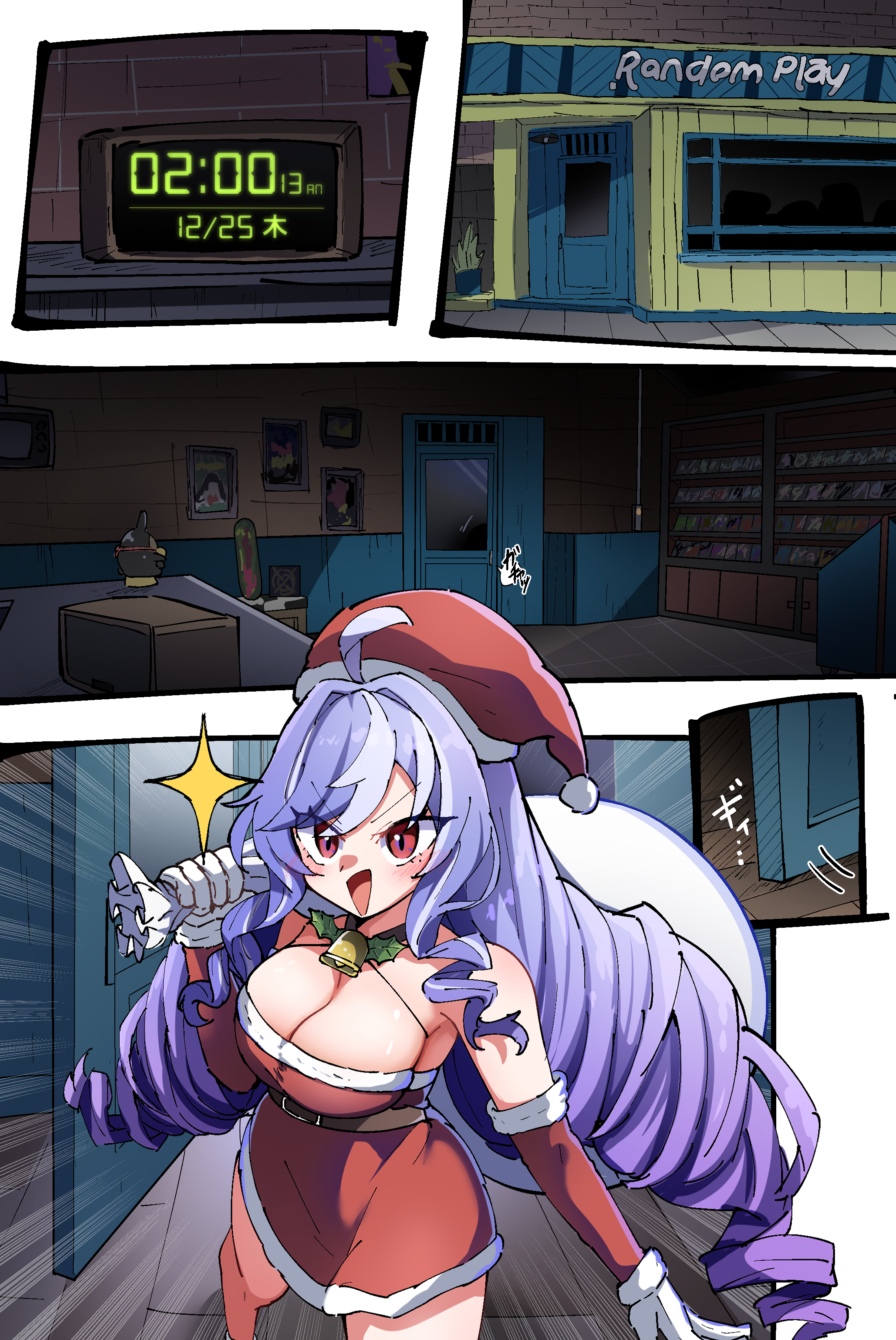 caseee999, vivian banshee, zenless zone zero, absurdres, highres, 1girl, ahoge, alternate costume, breasts, dress, drill hair, gloves, grey streaks, hat, holding, holding sack, large breasts, looking at viewer, multicolored hair, purple hair, red dress, red eyes, red hat, sack, santa costume, santa dress, santa hat, smile, solo, streaked hair, twin drills, white gloves