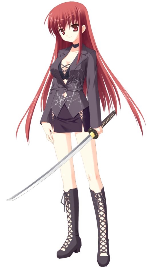 kobuichi, muririn, kifune mio, empty x embryo, jpeg artifacts, 1girl, boots, bra, breasts, choker, cleavage, female focus, full body, jacket, katana, lingerie, long hair, medium breasts, miniskirt, red eyes, red hair, ribbon, silk, simple background, skirt, smile, solo, spider web, spider web print, standing, sword, underwear, very long hair, weapon, white background