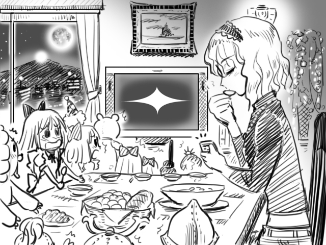 gensoukoumuten, alice margatroid, pon de lion, shanghai doll, mister donut, touhou, commentary, 5girls, ^^^, doll, female focus, food, full moon, greyscale, hairband, monochrome, moon, multiple girls, short hair, television