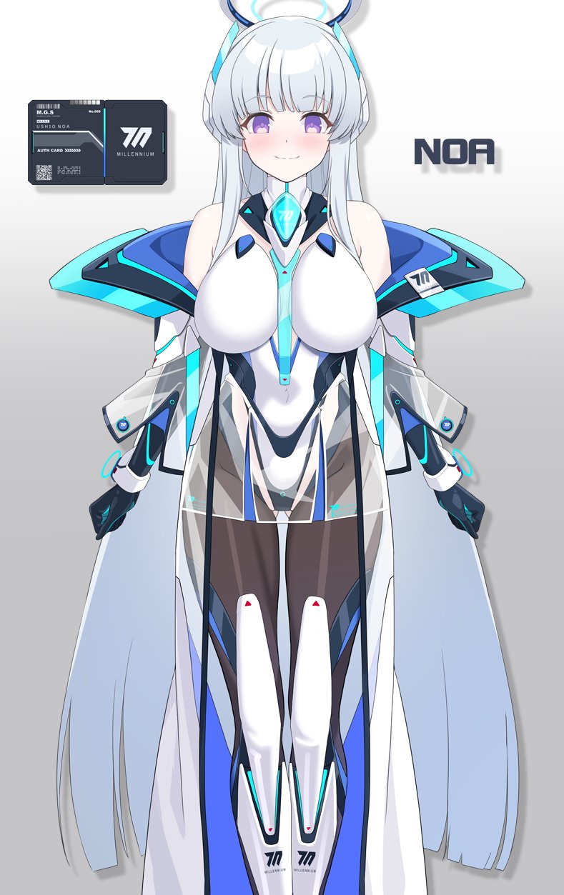 strelka belca, noa (blue archive), blue archive, concept art, highres, 1girl, bare shoulders, black pantyhose, blush, breasts, halo, headgear, large breasts, long hair, looking at viewer, magical girl, mechanical halo, pantyhose, purple eyes, smile, solo, very long hair, white hair, white halo