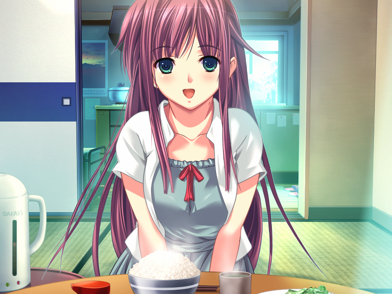 m&m (mickey and mackey), takasato nanase, natsukami, game cg, 1girl, :d, bowl, breasts, chopsticks, green eyes, indoors, long hair, looking at viewer, open clothes, open mouth, open shirt, pov across table, red hair, rice, rice bowl, shirt, sitting, smile, tatami, white shirt