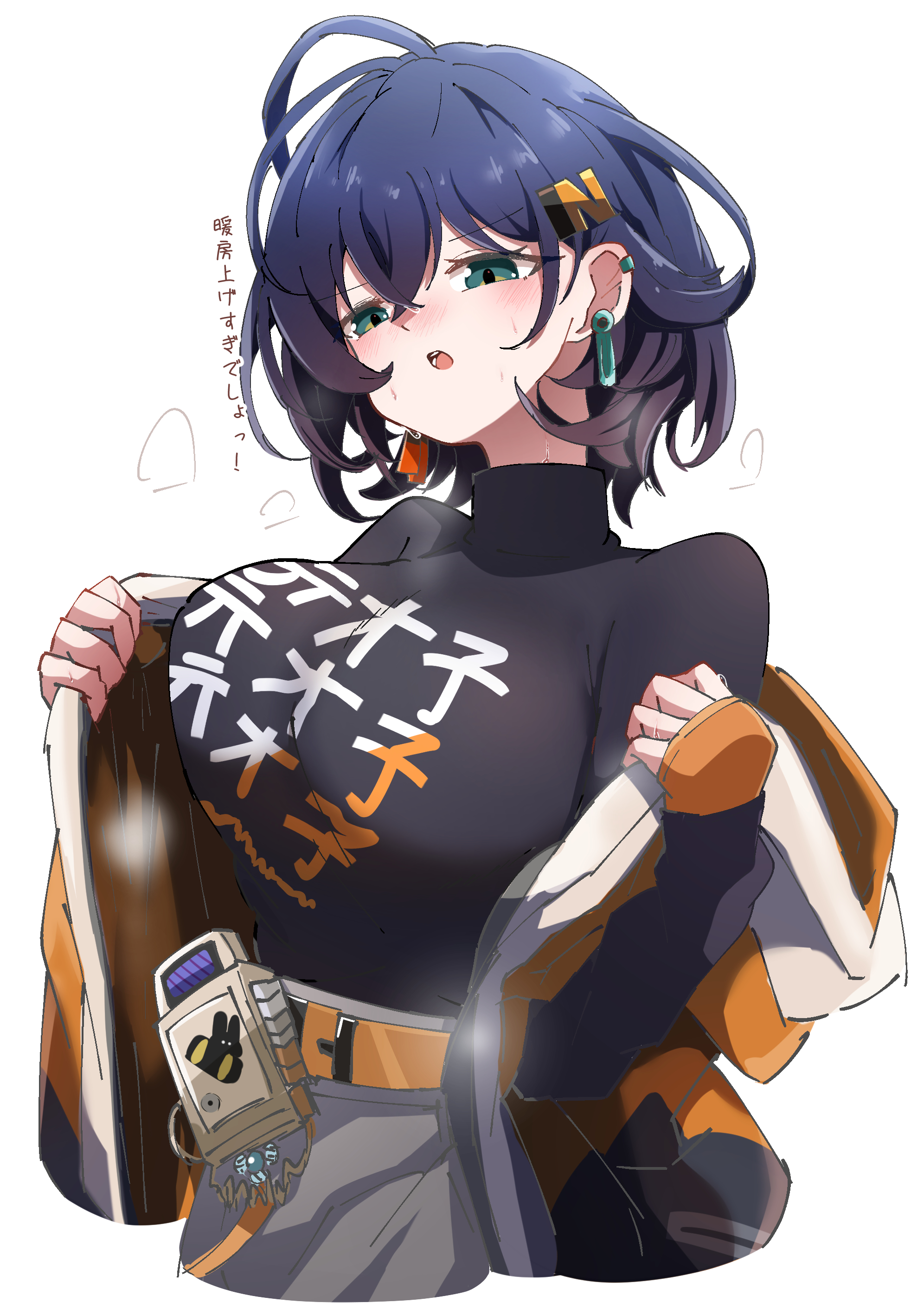 caseee999, belle (zenless zone zero), zenless zone zero, absurdres, highres, ahoge, black jacket, black shirt, blue hair, blush, breasts, earrings, green eyes, hair ornament, jacket, jewelry, large breasts, letter hair ornament, looking at another, looking at viewer, open mouth, shirt, short hair, solo