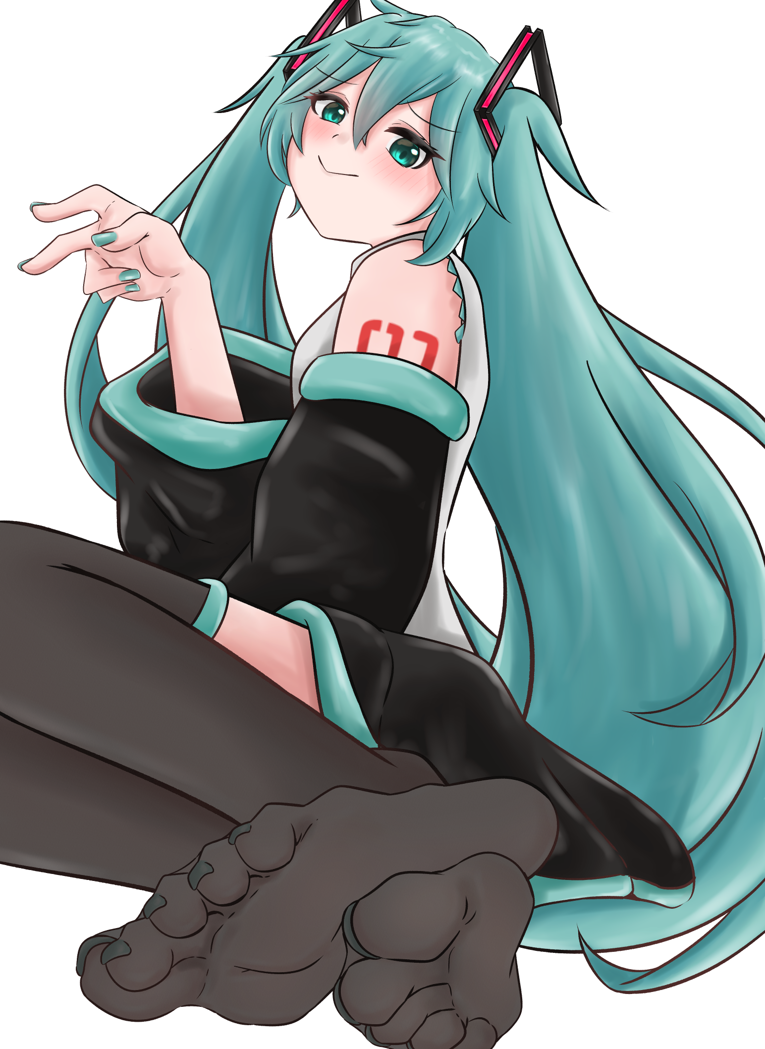 sei03091, hatsune miku, vocaloid, highres, 1girl, blue eyes, blue hair, blush, feet, long hair, looking at viewer, see-through clothes, see-through legwear, smile, soles, thighhighs, toes, twintails, v