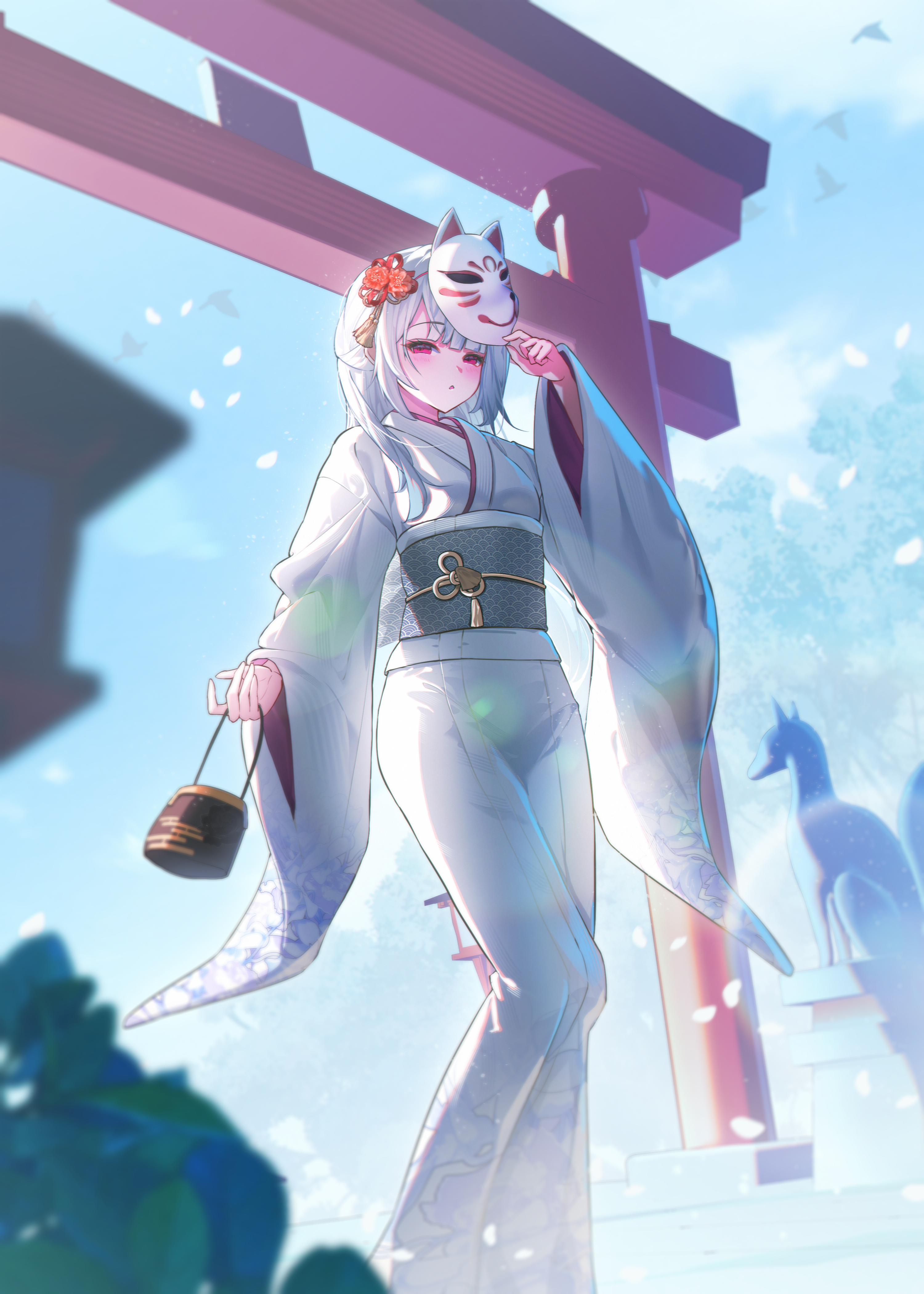 kohaku komeiji, original, absurdres, highres, 1girl, bag, bird, cherry blossoms, flower, fox mask, hair flower, hair ornament, handbag, japanese clothes, kimono, looking at viewer, mask, mask on head, outdoors, parted lips, red eyes, solo, statue, torii, white hair, white kimono