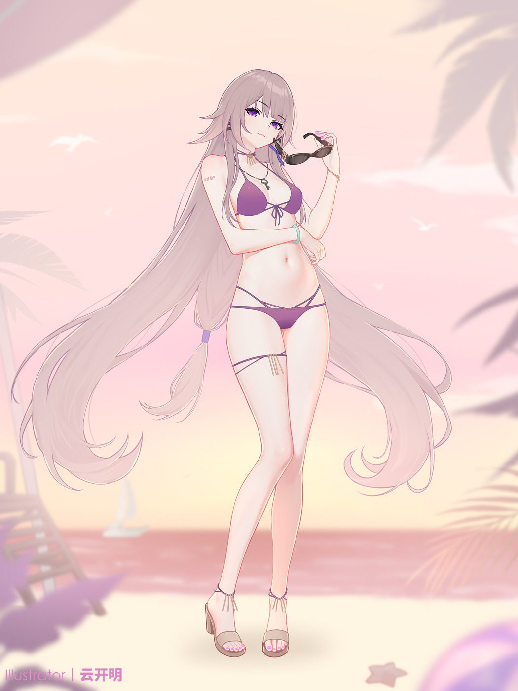 yunkaiming, herta (honkai: star rail), the herta (honkai: star rail), honkai: star rail, honkai (series), chinese commentary, commentary request, highres, 1girl, alternate costume, arm tattoo, artist name, ball, bare legs, bare shoulders, beach, beachball, bikini, blurry, blurry background, blurry foreground, breasts, brown hair, closed mouth, depth of field, evening, full body, high heel sandals, holding, holding removed eyewear, legs, long hair, looking at viewer, medium breasts, nail polish, navel, off shoulder, orange sky, outdoors, purple bikini, purple eyes, purple nails, sandals, sky, smile, solo, standing, stomach, sunglasses, swimsuit, tattoo, thighs, toenail polish, toenails, unworn eyewear, very long hair