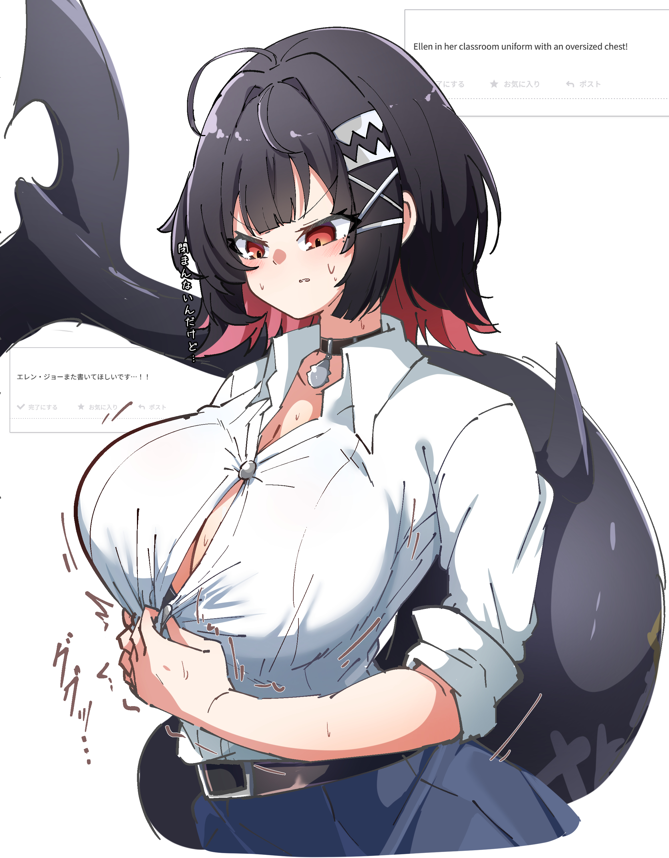 caseee999, ellen joe, ellen joe (on campus), zenless zone zero, absurdres, highres, 1girl, black choker, black hair, blue skirt, blush, breasts, choker, fins, fish tail, hair ornament, hairpin, large breasts, looking at viewer, official alternate costume, red eyes, red streaks, shark girl, shark tail, shirt, short hair, skirt, solo, tail, white shirt, x hair ornament