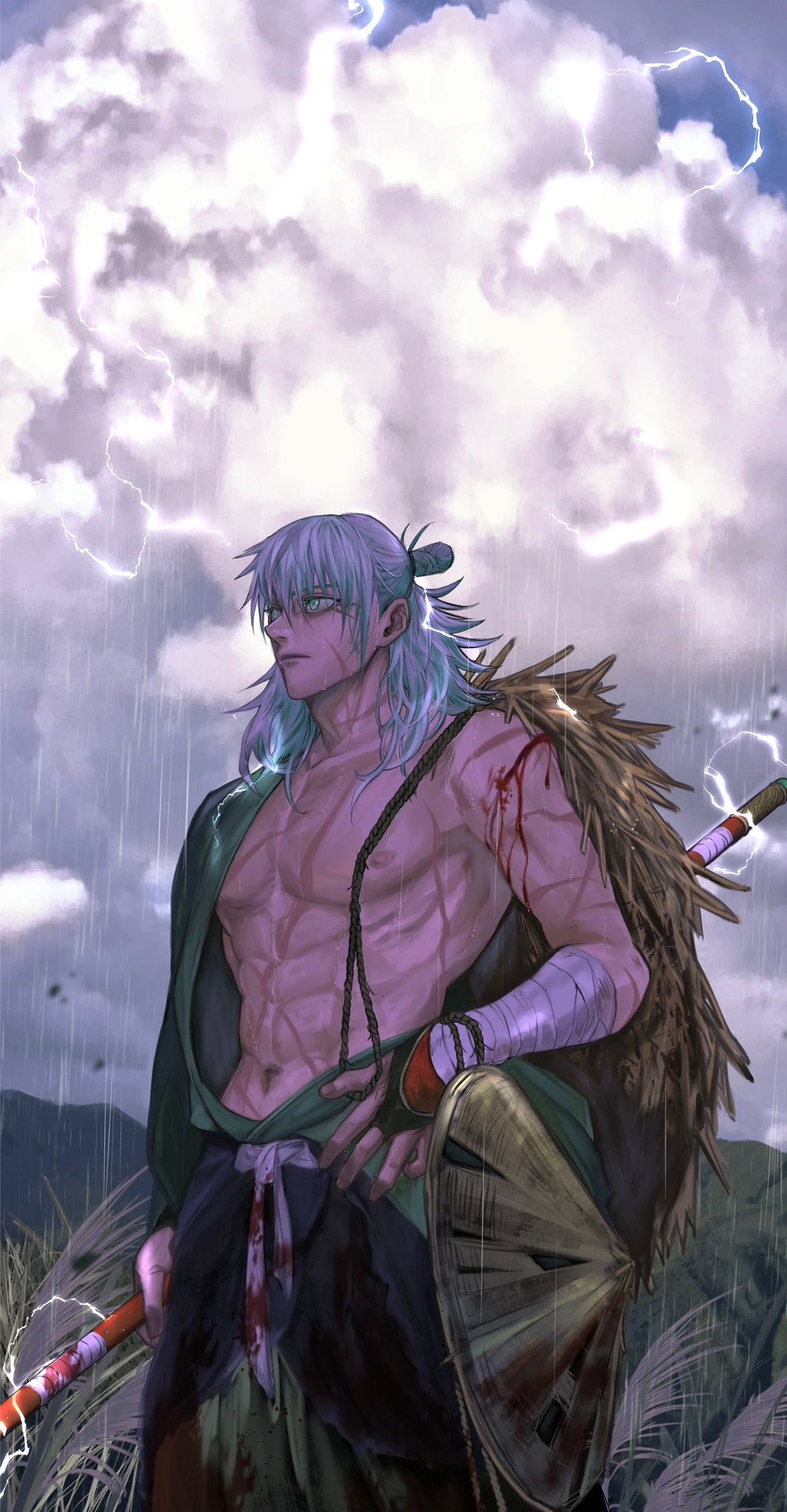 rei (poro06625649), kashimo hajime, jujutsu kaisen, highres, 1boy, aqua eyes, aqua hair, bandaged arm, bandages, closed mouth, cloud, cloudy sky, cowboy shot, electricity, hat, holding, holding staff, male focus, medium hair, muscular, muscular male, navel, rain, rice hat, scar, scar on chest, scar on face, scar on neck, sky, solo, staff, v-taper
