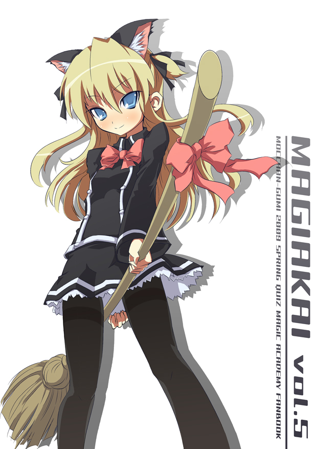 sasamashin, shalon, quiz magic academy, 1girl, animal ears, blonde hair, blue eyes, blush, broom, broom riding, female focus, flat chest, long hair, pantyhose, school uniform, skirt, smile, solo