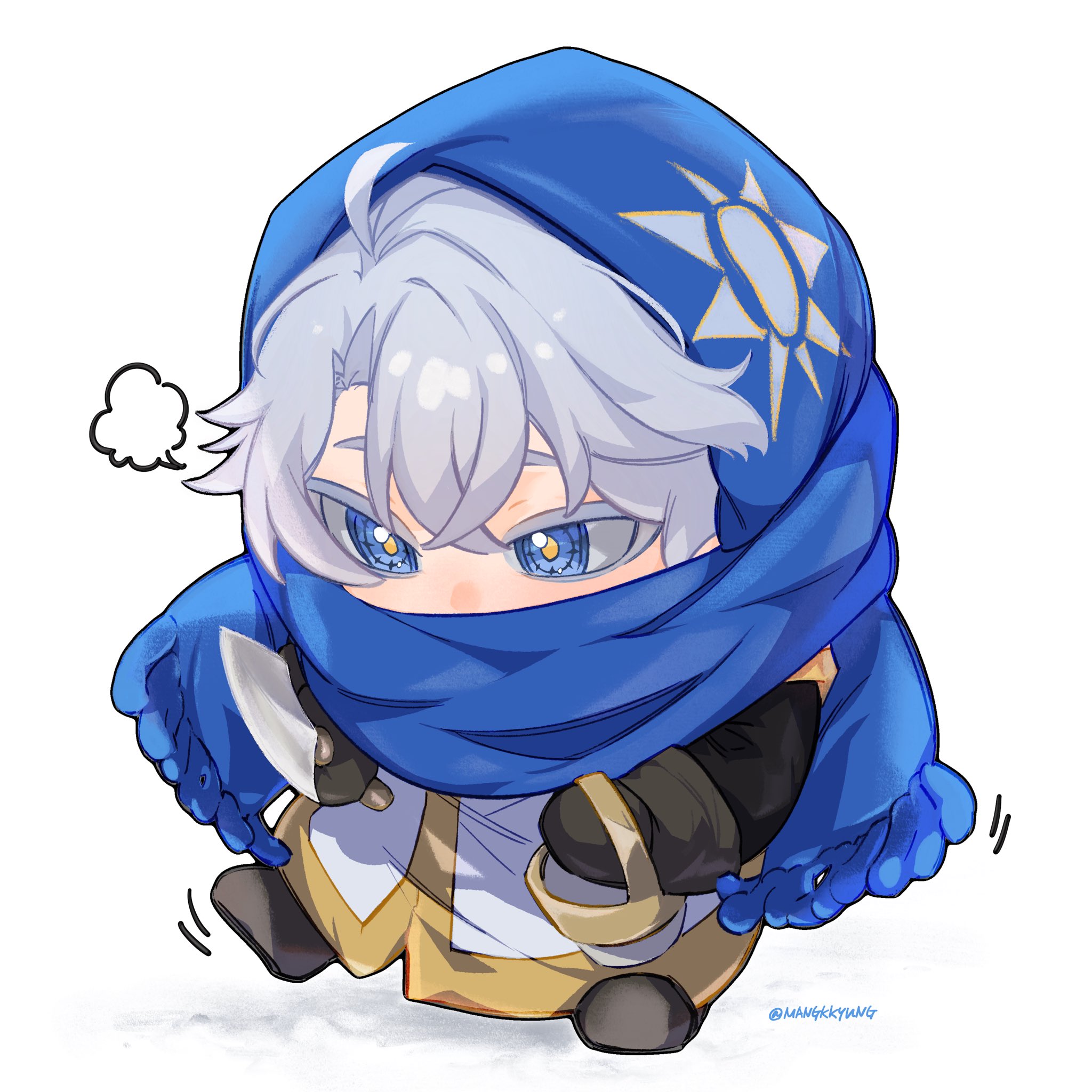 phainon (honkai: star rail), honkai: star rail, honkai (series), hashtag-only commentary, highres, 1boy, black gloves, black shoes, blue eyes, blue scarf, chibi, chibi only, coat, colored eyelashes, crossed bangs, full body, gloves, gold trim, grey hair, holding, male focus, mangkkyung, parted bangs, parted hair, puff of air, scarf, scarf on head, scarf over mouth, shoes, simple background, sitting, solo, white background, white coat