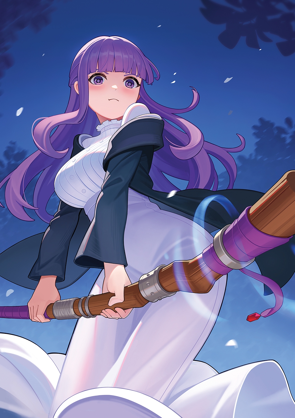 rumbee, fern (sousou no frieren), sousou no frieren, highres, 1girl, :t, black robe, blunt bangs, breasts, dress, feet out of frame, holding, holding staff, large breasts, long hair, mage staff, night, outdoors, purple eyes, purple hair, purple pupils, robe, solo, staff, white dress