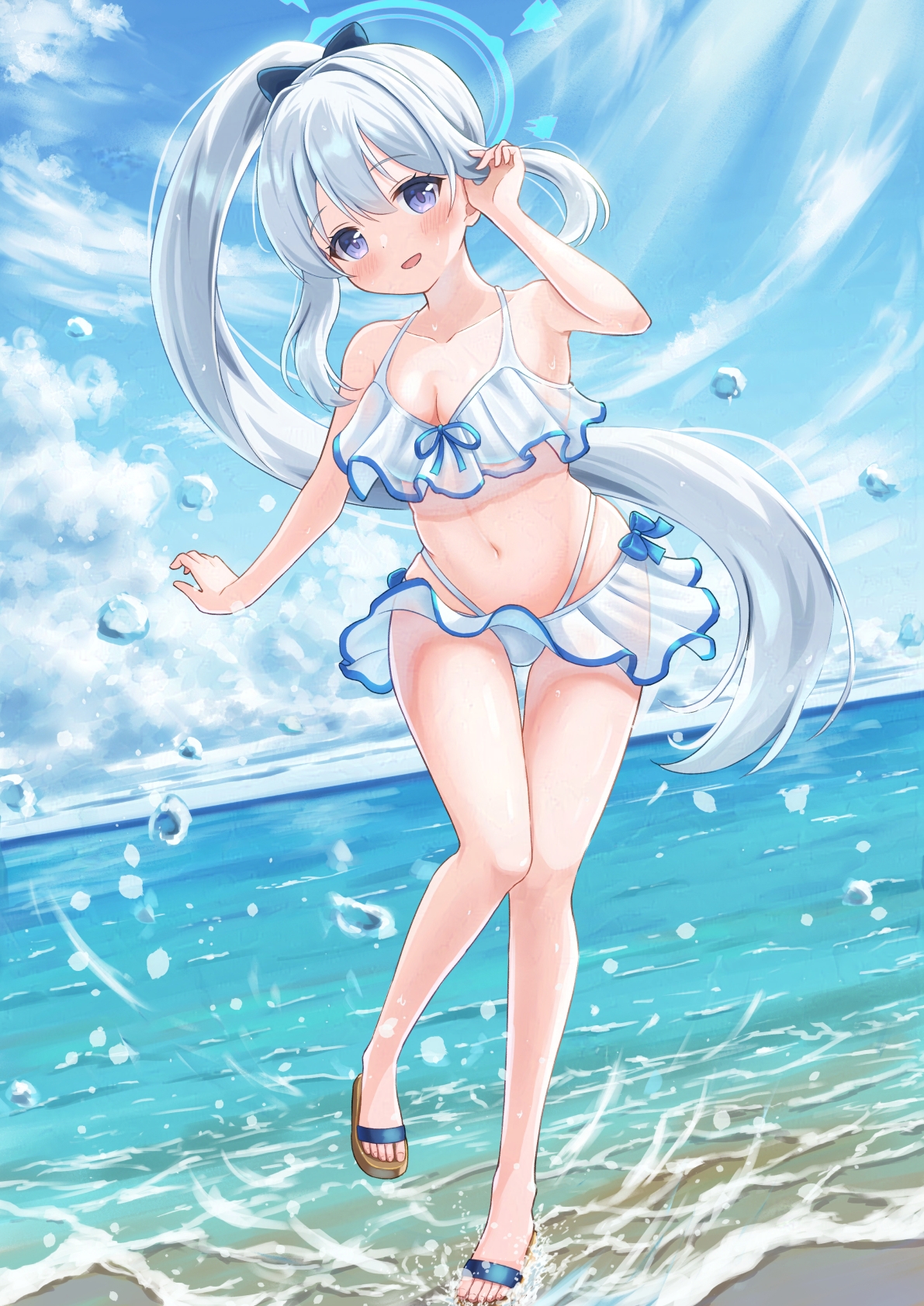 asama fumi, miyako (blue archive), blue archive, highres, revision, 1girl, alternate costume, bikini, bikini skirt, blue halo, bow, breasts, frilled bikini, frills, full body, hair bow, halo, highleg, highleg bikini, long hair, looking at viewer, navel, ponytail, purple eyes, sandals, smile, solo, swimsuit, white bikini, white hair