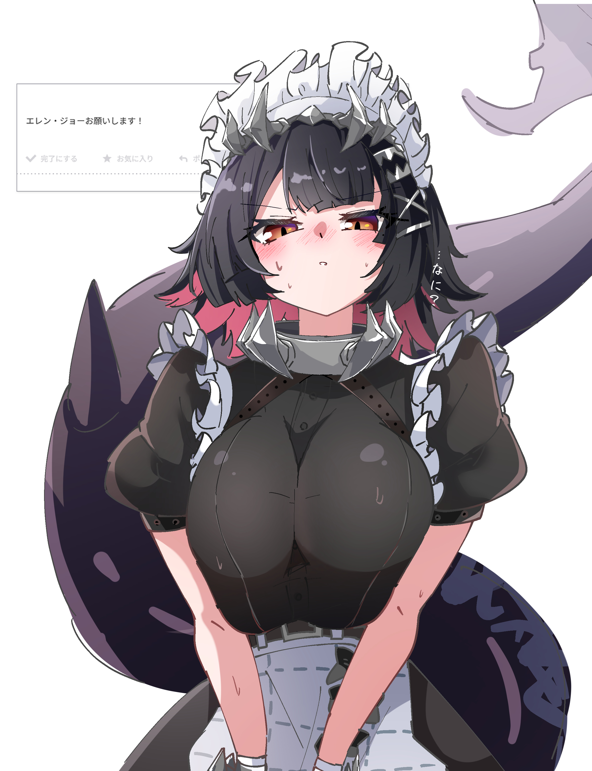 caseee999, ellen joe, zenless zone zero, absurdres, highres, apron, black dress, black hair, breasts, dress, fins, fish tail, hair ornament, hairpin, large breasts, looking at viewer, maid, maid apron, maid headdress, multicolored hair, red eyes, red streaks, shark girl, shark tail, short hair, streaked hair, tail, white apron, x hair ornament