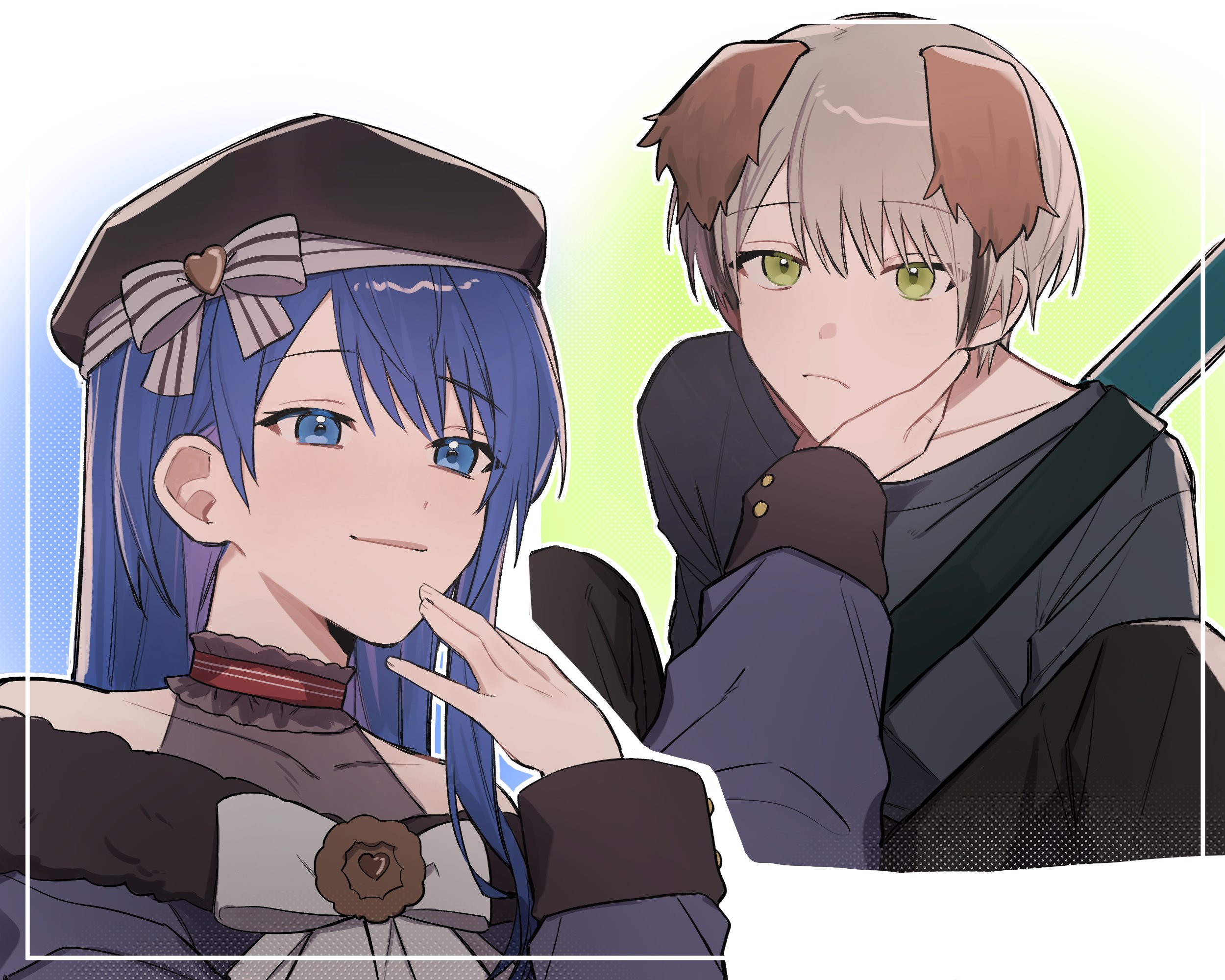 haruka 3442, hinomori shiho, kiritani haruka, project sekai, commentary, highres, symbol-only commentary, 2girls, androgynous, animal ears, black hair, bloom festival (project sekai), blue eyes, blue hair, closed mouth, dog ears, green eyes, grey hair, hand up, kemonomimi mode, long hair, long sleeves, multicolored hair, multiple girls, official alternate costume, official alternate hair length, official alternate hairstyle, smile, streaked hair, take the best shot! (project sekai), upper body, yuri