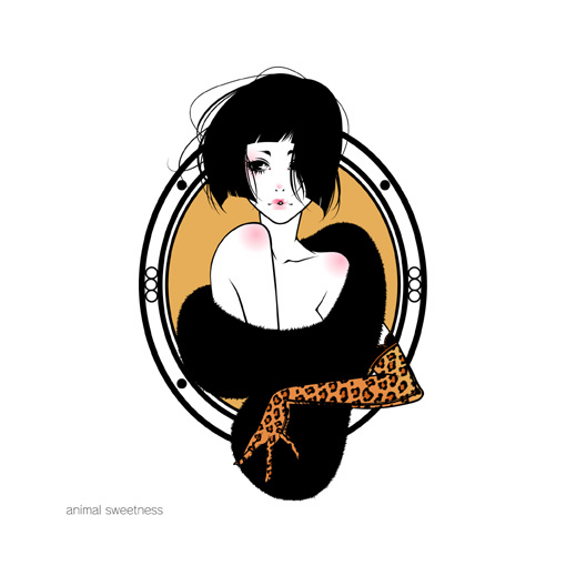 mihoshi, looking away, bad id, bad pixiv id, 1girl, animal print, bare shoulders, black hair, bob cut, elbow gloves, female focus, gloves, hair over one eye, leopard print, scarf, short hair, solo, upper body