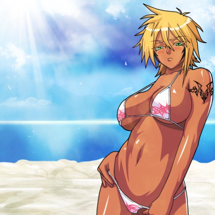 jose manuel, ssjdubby, tier harribel, bleach, cropped, third-party edit, 00s, 1girl, arrancar, beach, bikini, bikini pull, blonde hair, blush, breasts, cleavage, clothes pull, dark-skinned female, dark skin, day, female focus, green eyes, hollow (bleach), large breasts, micro bikini, navel, number tattoo, panties, panty pull, resurreccion, solo, summer, swimsuit, tattoo, underwear