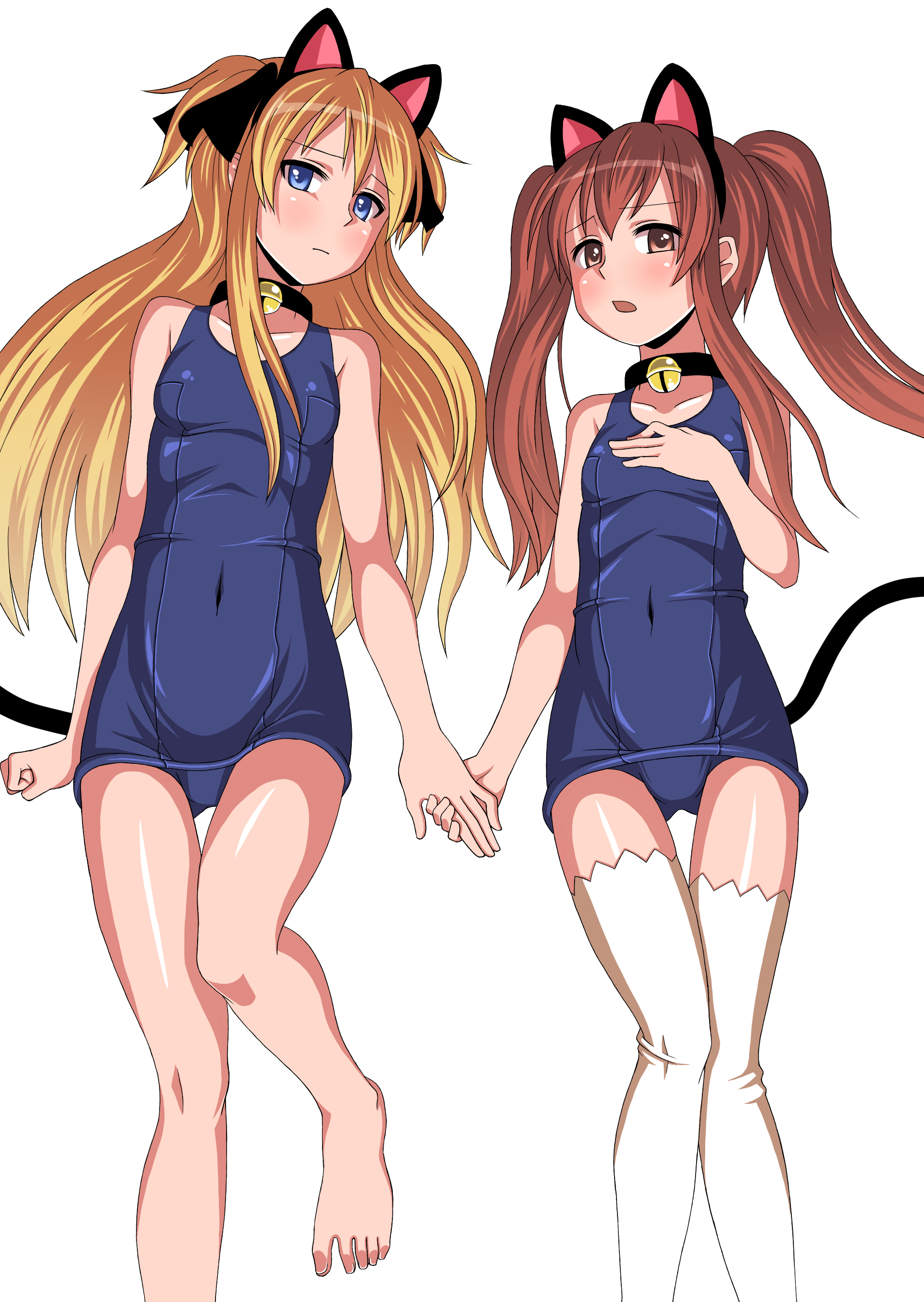 orochi itto, aloe, aloe (quiz magic academy), shalon, quiz magic academy, absurdres, bad id, bad pixiv id, highres, 2girls, animal ears, bare legs, barefoot, bell, blonde hair, blue eyes, blush, breasts, brown eyes, brown hair, cat ears, cat tail, collar, feet, holding hands, jingle bell, legs, long hair, lying, multiple girls, neck bell, on back, one-piece swimsuit, school swimsuit, small breasts, swimsuit, tail, thighhighs, twintails, two side up, white thighhighs